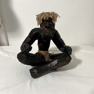 African or Indonesian Hand Carved Wood Cross Legged Tribal Statue Figure
